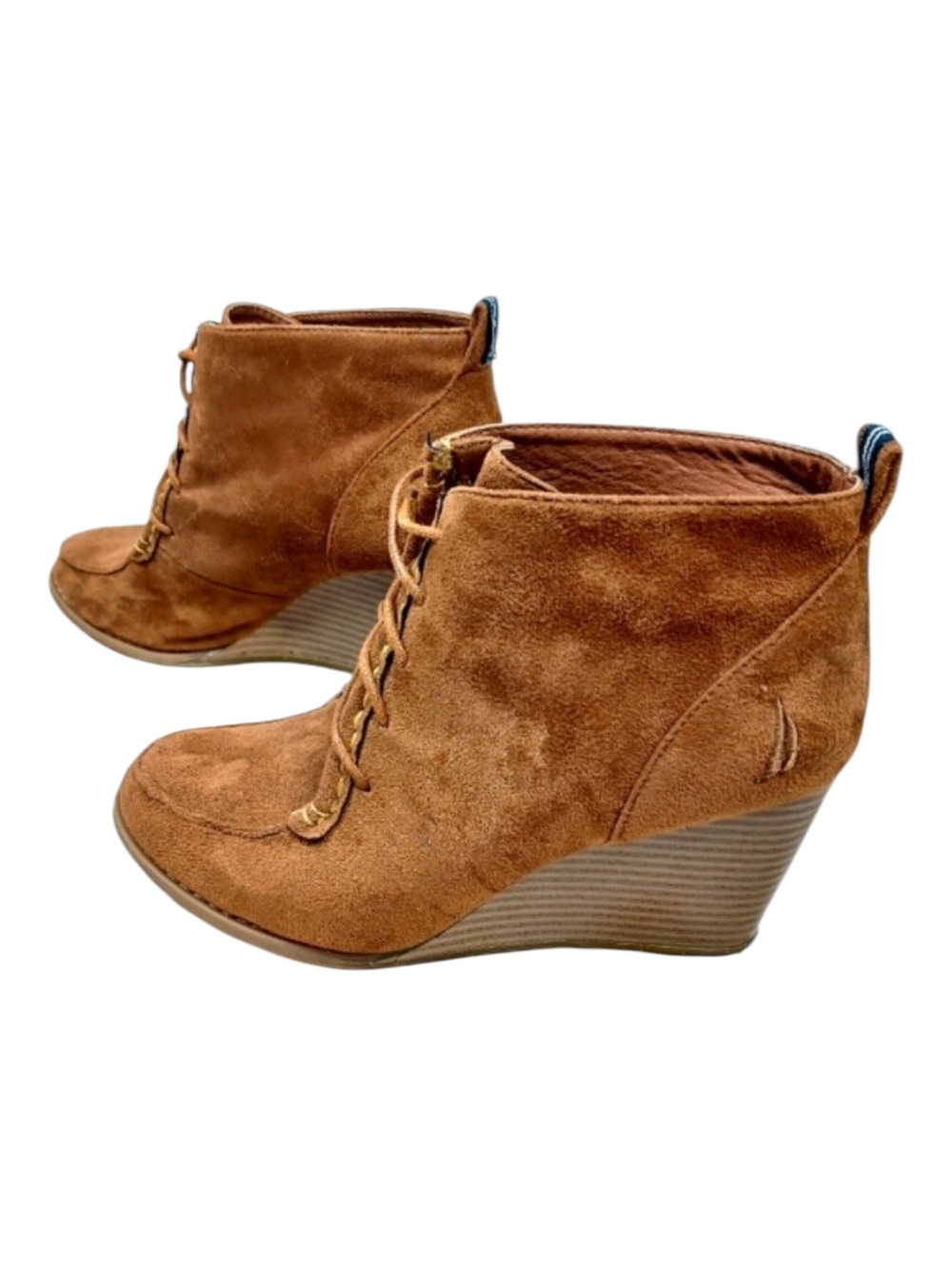 Nautica Suede Like Wedge Heel Ankle Boots Bootie Lace Up Shoes Tan Size 8